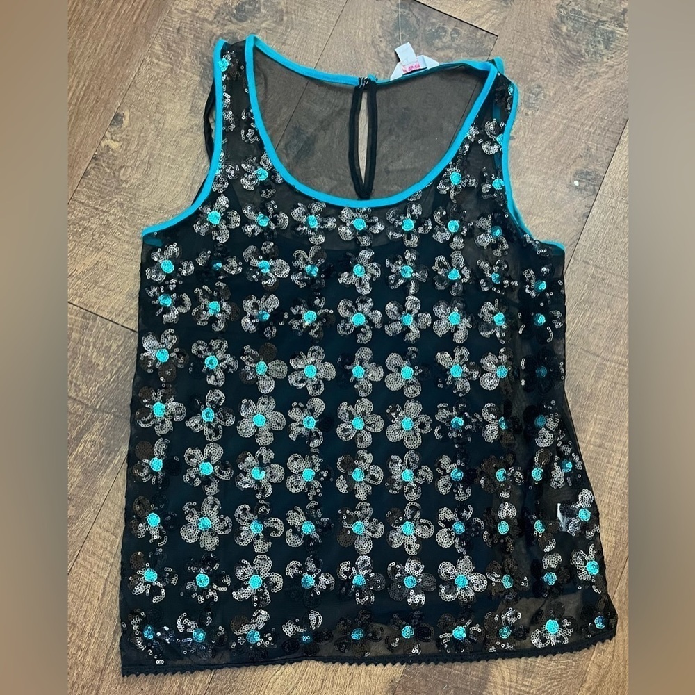 NWT candies mod for mad black tie blouse Sz small sequin 2 layer